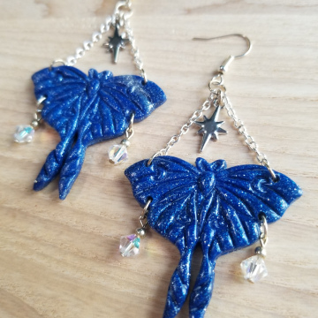 Silver Starry Midnight Moon Luna Moth Earrings